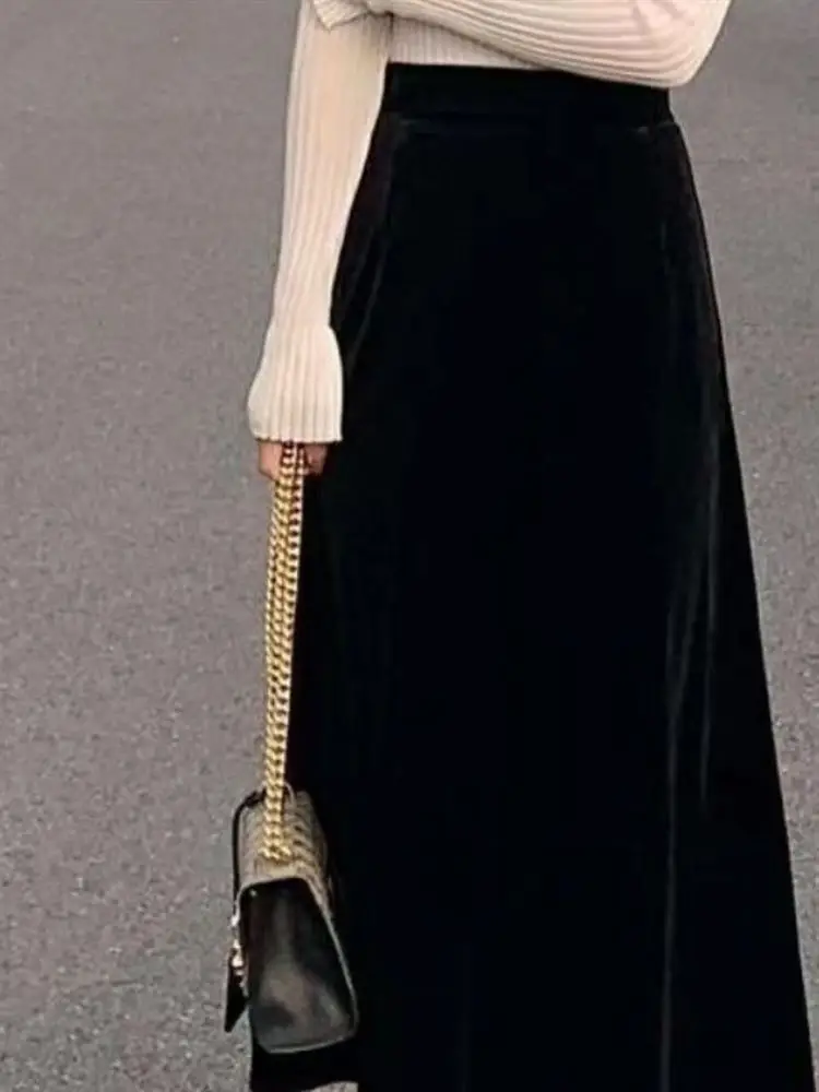 

Новая осенне-зимняя юбка из золотистого бархата для девочек, молодежная, красивая, скрывающая живот, с высокой талией, А-силуэт, длинная