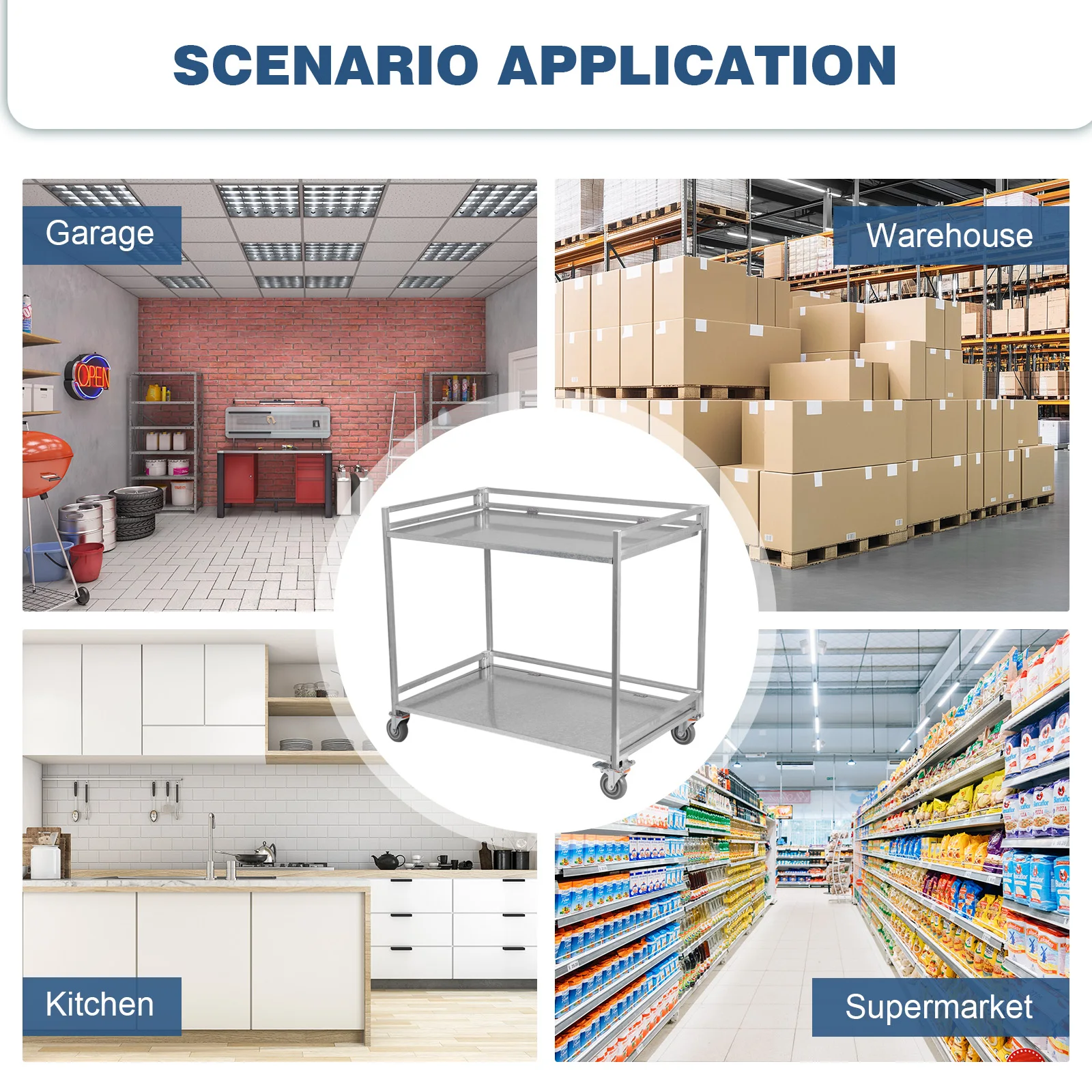 

Двухуровневая металлическая тележка-стеллаж на колесах, грузоподъемность 300 кг, с ручкой, для продуктов и склада