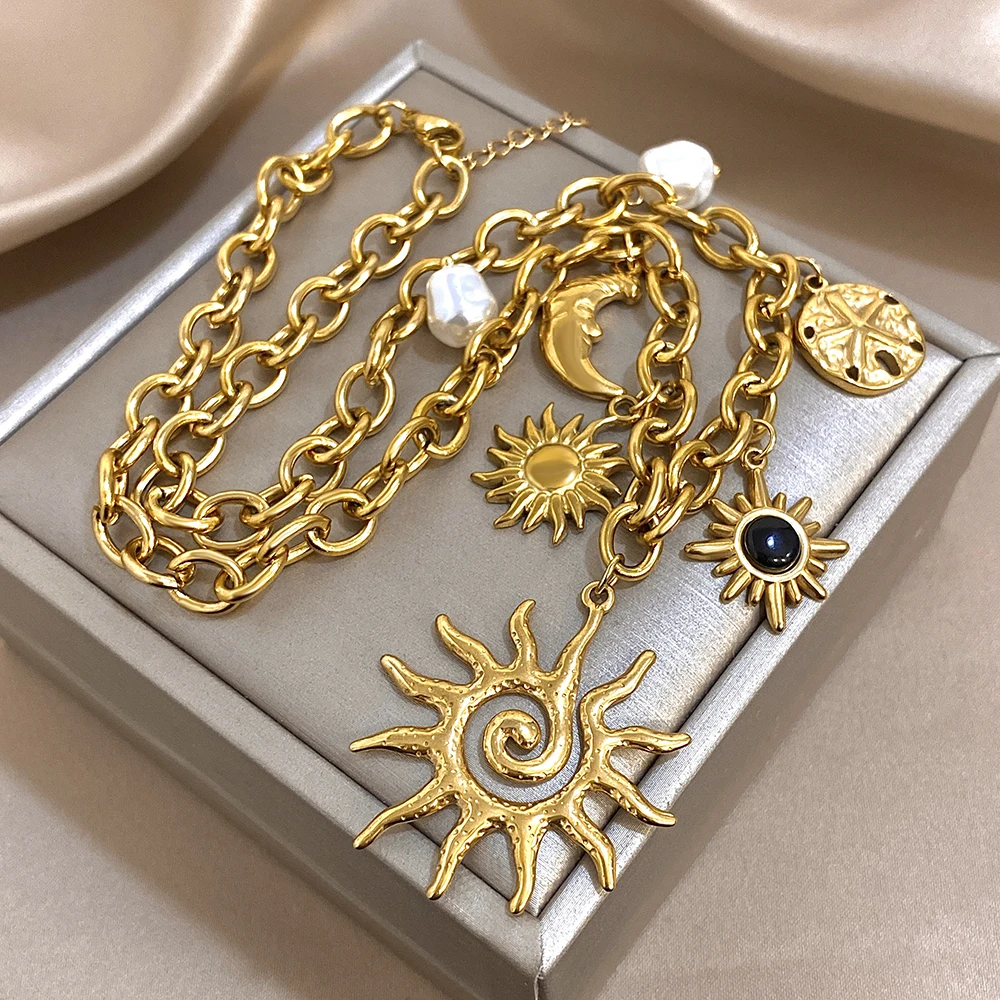 Vintage Chunky Chic Starfish Moon Sun Shaped Pendant Stainless Steel Charm Necklace Statement Golden Thick Chain Fashion Jewlery view 6