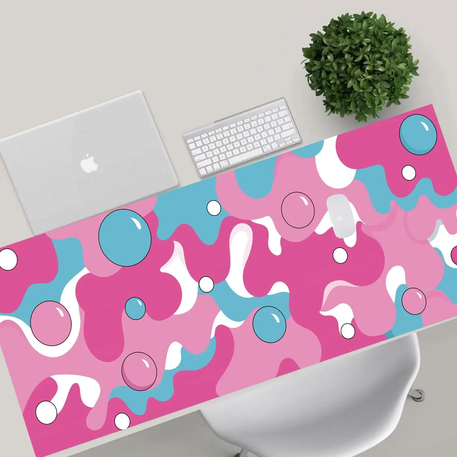 XXL Różowo-biała podkładka pod mysz Bubble Geometryczna gumowa antypoślizgowa szyta krawędź Trwała, zmywalna podkładka pod klawiaturę komputerową odpowiednia dla graczy