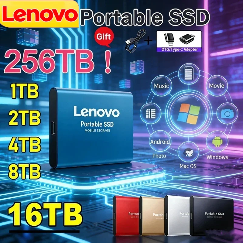

Внешний твердотельный накопитель Lenovo 1 ТБ, высокоскоростной жесткий диск 2 ТБ, портативный SSD USB 3.1 128 ТБ для ПК/ноутбука/Mac/телефона