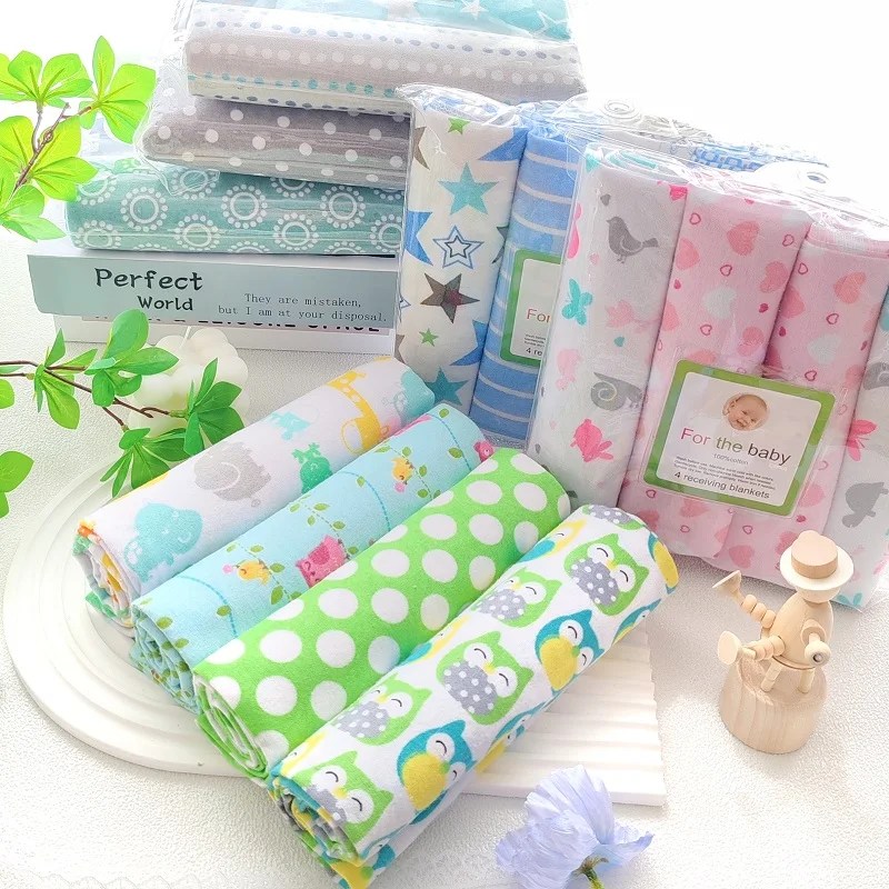 4pcs/pack 100% Cotton Flannel Diapers Supersoft Receiving Baby Blanket Newborn Wrap Cartoon Baby Bedsheet Print Blanket Swaddle