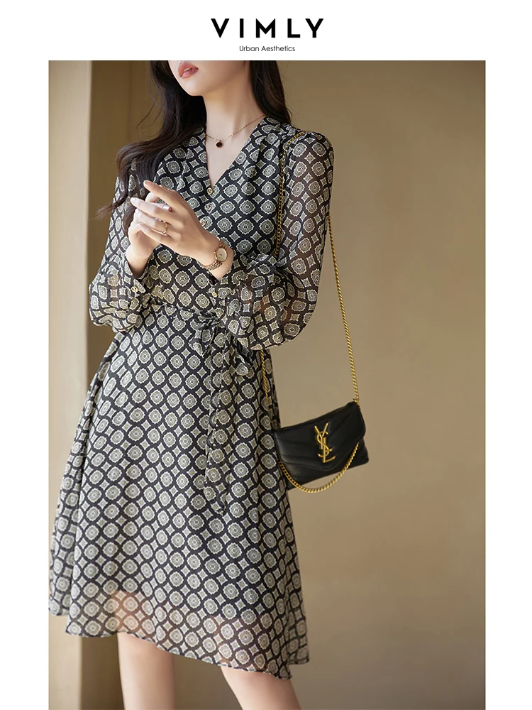 Vimly Black Printed Chiffon Dress for Women 2023 Spring Autumn Elegant V-neck Long Sleeve Tied Belt Female Vintage Dress V0791