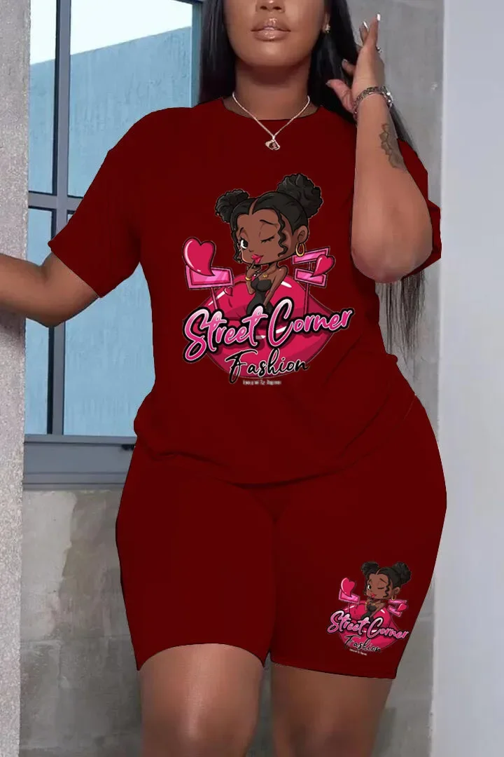 Plus size conjunto feminino verão casual manga curta topos camiseta e calças curtas conjunto de duas peças dos desenhos animados impressão plus size