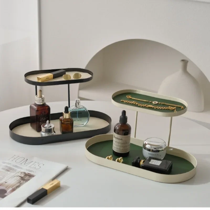 صينية مزدوجة لسطح المكتب المنزلي الإبداعي، صندوق تخزين مستحضرات التجميل والمجوهرات المعدنية السوداء، رف العطور، رف مفاتيح الشرفة