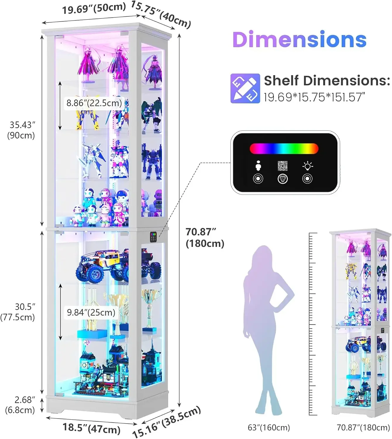 Display Cabinet with Glass Doors, 7 Tier RGB Lights Curio Cabinet | APP-Controlled LED Glass Display Case,Human Sensor Lighting