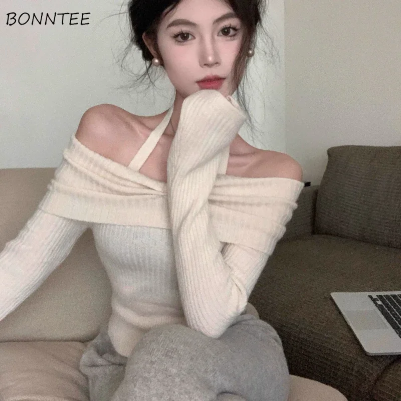 Off Shoulder Pullovers Women Knitted Tops Sexy Crop Sweater Slash Neck Solid Slouchy All-match Neck-mounted Basic Tender Fashion