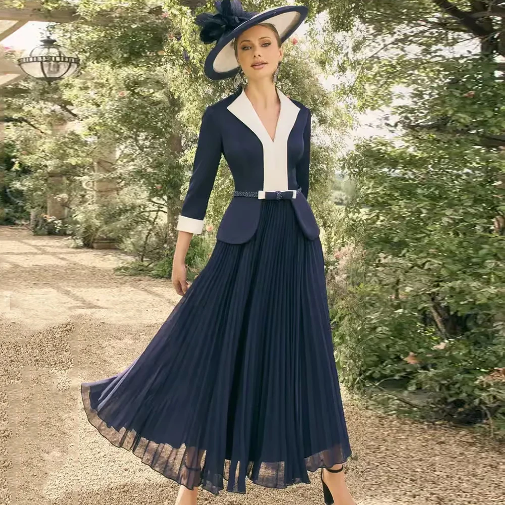 

Драпированные темно-синие платья для матери невесты для женщин с v-образным вырезом, элегантное свадебное платье для гостей, длинные вечерние платья до щиколотки, 2025 г.