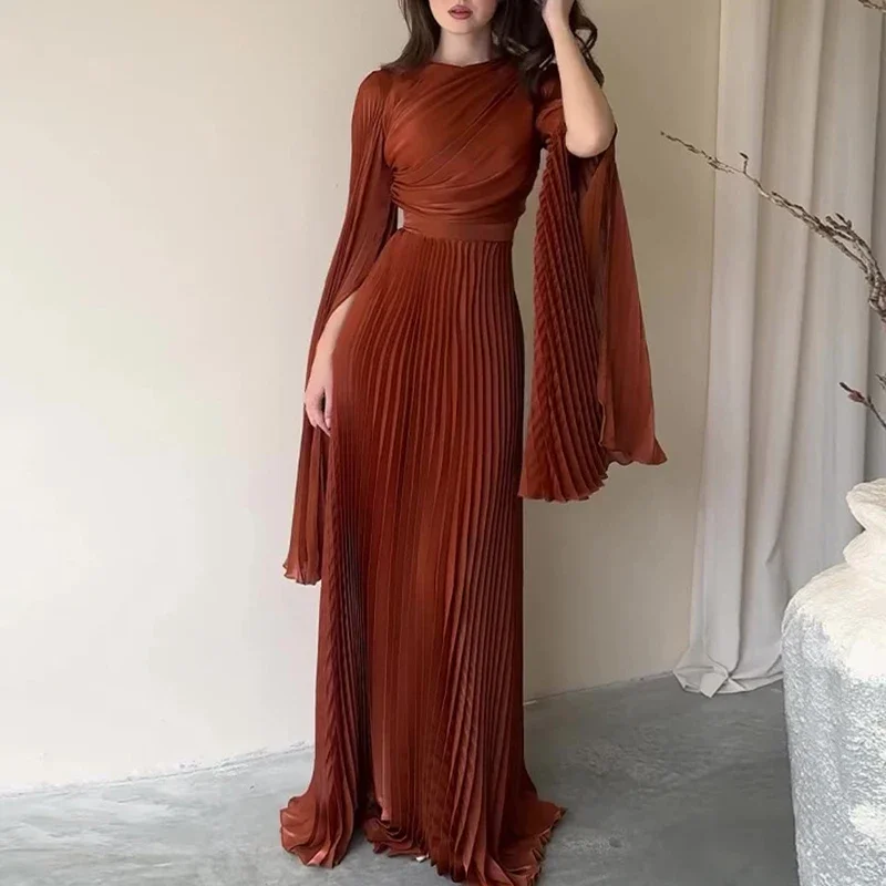 Elegant Solid Color Pleated Dress High Waist Slim Evening Dress Autumn Women\'s O-neck Long Sleeve Party Dress