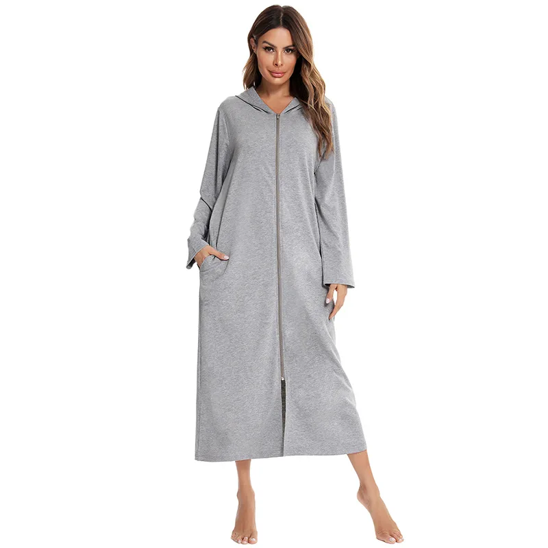 Women\'S Pajamas Autumn Winter Hoodie Long Sleeve Zipper Front Cotton Bathrobe Women Loungewear Nightgowns Home Wear Pajamas