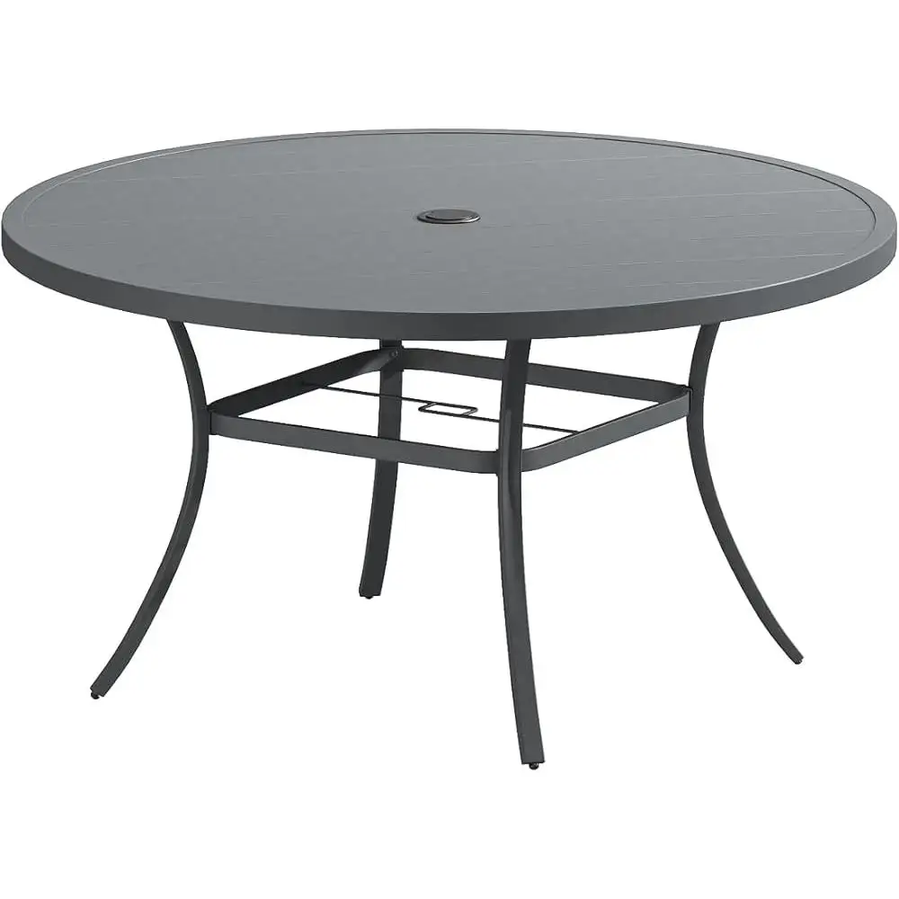 Outdoor Round Dining Table 53in Metal Frame Slatted Top Adjustable Umbrella Hole Patio Backyard Lawn