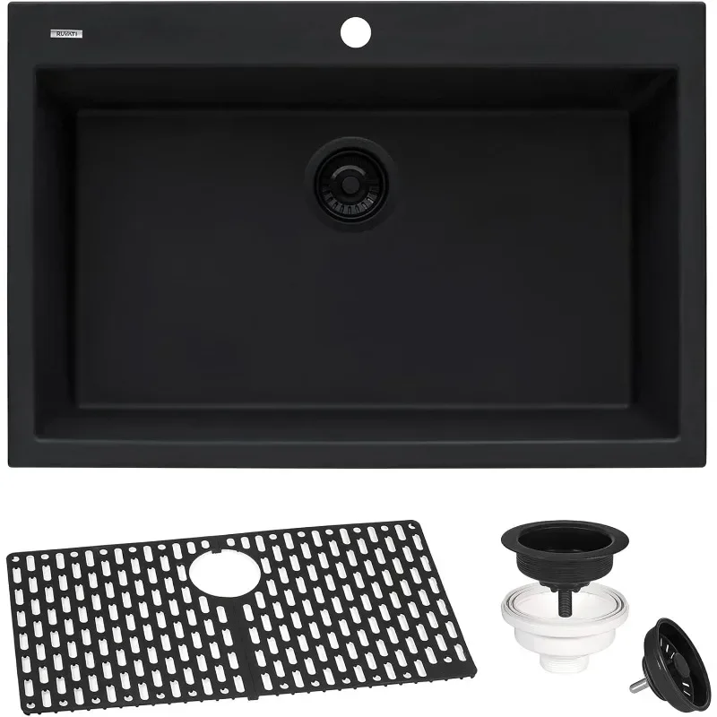 Ruvati 30 x 20 inch Drop-in Topmount Granite Composite Single Bowl Kitchen Sink - Midnight Black - RVG1030BK