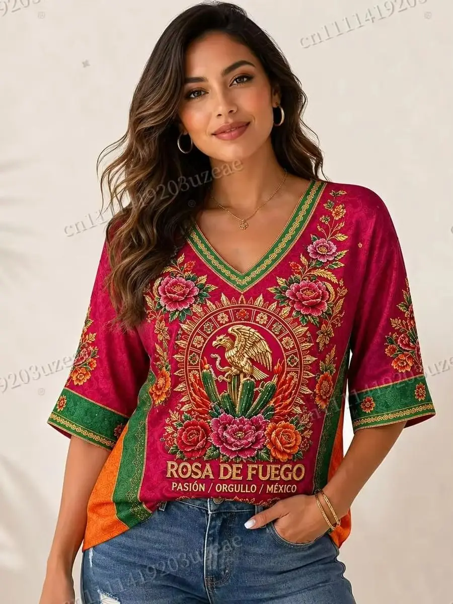 Damen-T-Shirt „Mexican Rosa De Fuego“ mit V-Ausschnitt, kurzen Ärmeln, Adler-Kaktus-Blumenmuster, Boho-Stil, locker geschnitten, lässiges Sommer-Top – Detail 2