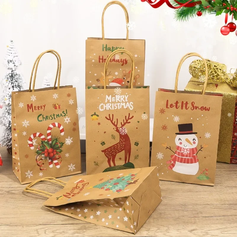 20/5PCS Christmas Kraft Paper Bag Gift Candy Hand-held Shopping Bags Merry Christmas Snack Present Packaging Tote Bag Home Decor