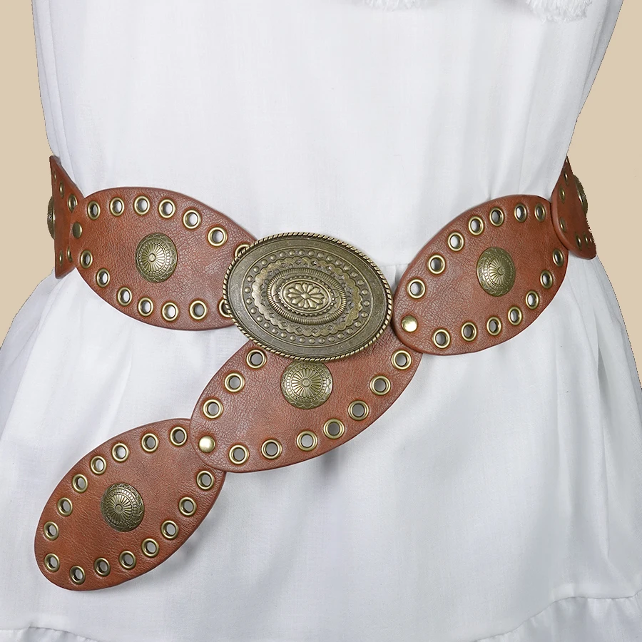 

Boho Vintage Coin Disc Wide Waist Belt Brown Faux Leather Retro Embossed Metal Circle Stretch Corset Belt for Dresses
