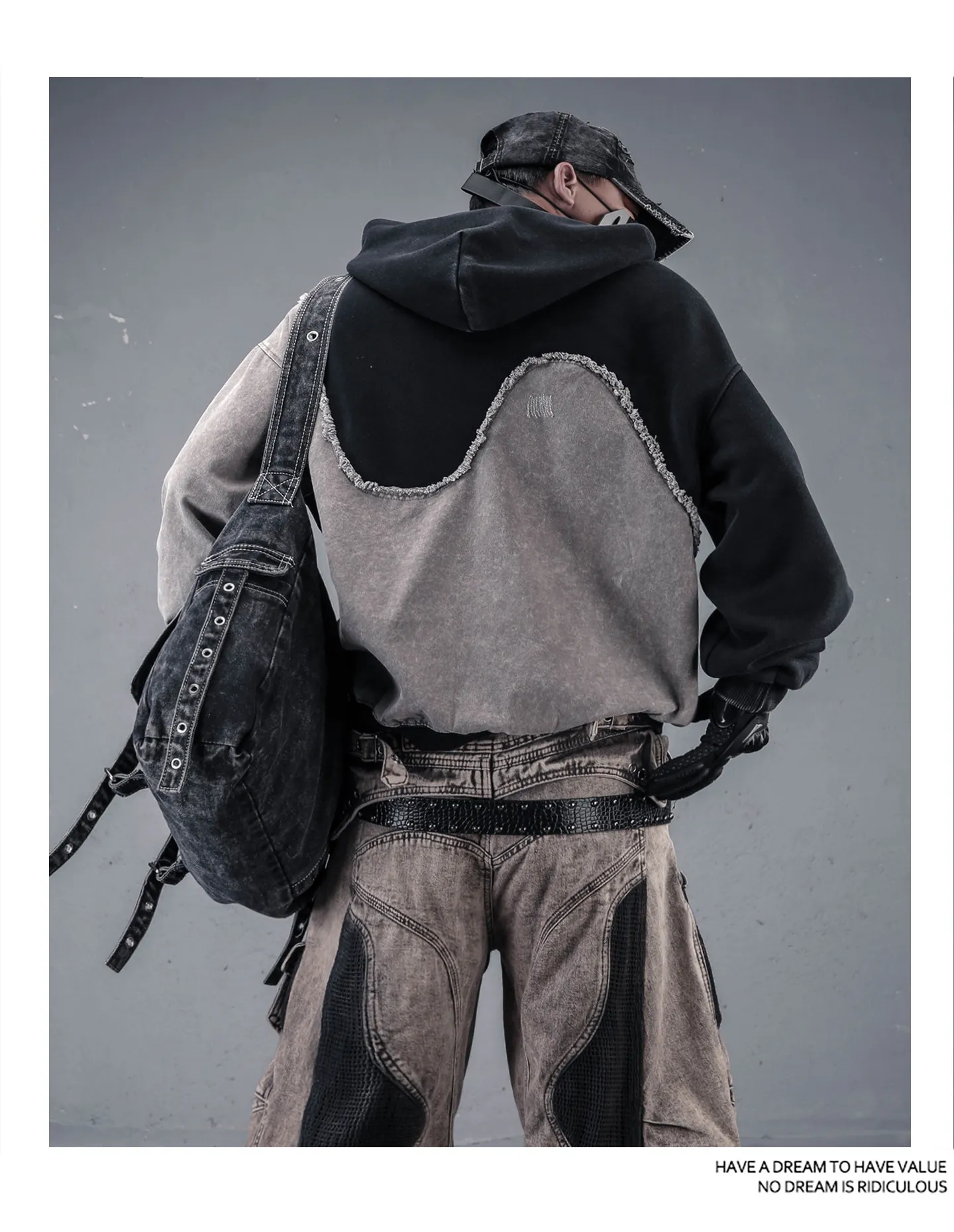 Contrast Color Patchwork Techwear Style Casual Hoodies Man Autumn Tactical Function Washed Distressed Design Long Sleeve Tops