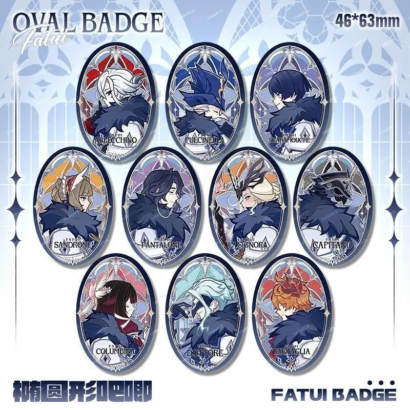Creative Anime Genshin Impact Fatui Harbingers Oval Metal Glitter Brooch Pin Badge Jewelry Accessories For Clothes Backpack Gift