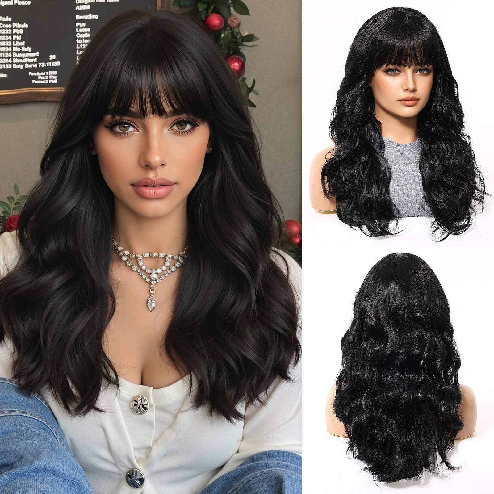 Allbel Magique Black Fluffy High-Temperature Synthetic Wig Medium Length Wavy Style For Women Suitable For Cosplay And Parties