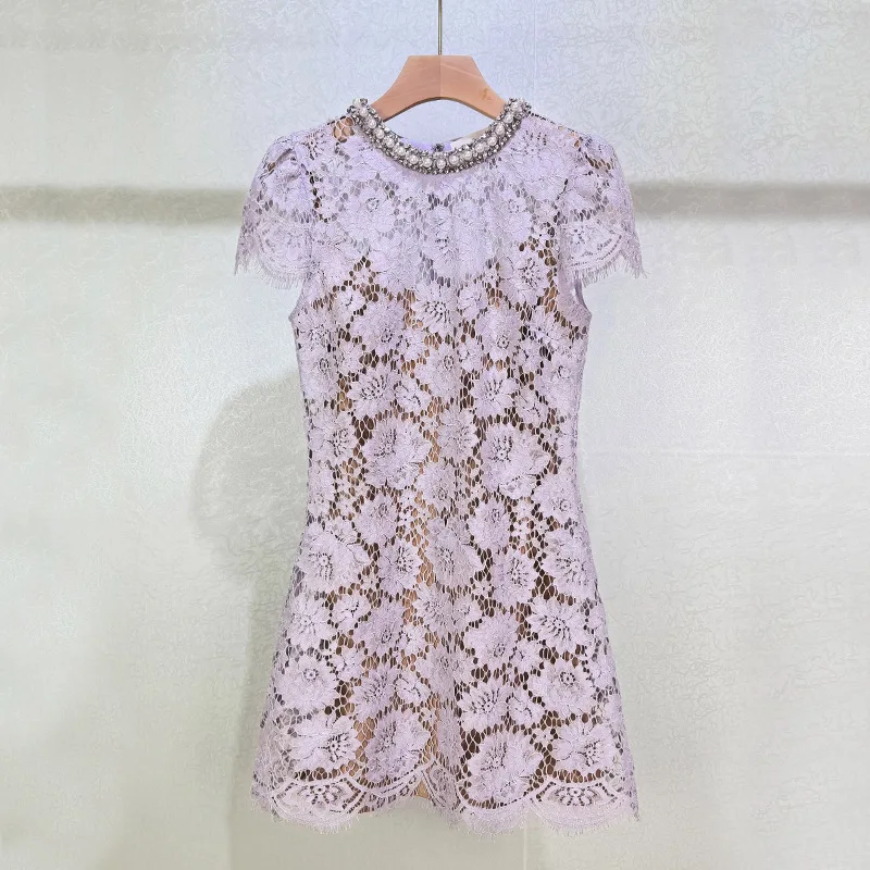 ฤดูใบไม้ผลิฤดูร้อนคุณภาพสูงหวานสีม่วงลูกปัดสั้นชุดแฟชั่นแขนสั้นลูกไม้ Openwork งานแต่งงานหรูหราภาษาฝรั่งเศสคําชุด