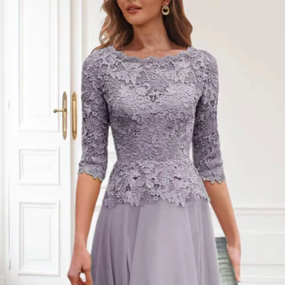 Customized  Lace Appliques Mother Of The Bride Dress For Wedding Boat Neck Chiffon Half Sleeves Formal Wedding Party Dresses