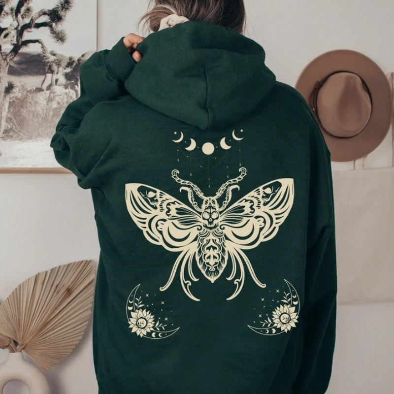 Goblincore Hoodie Fairy Grunge Clothing Celestial Lunar Moth Hoody Fairycore Hooded Sweatshirt Back Print Brown Aesthetic Tops