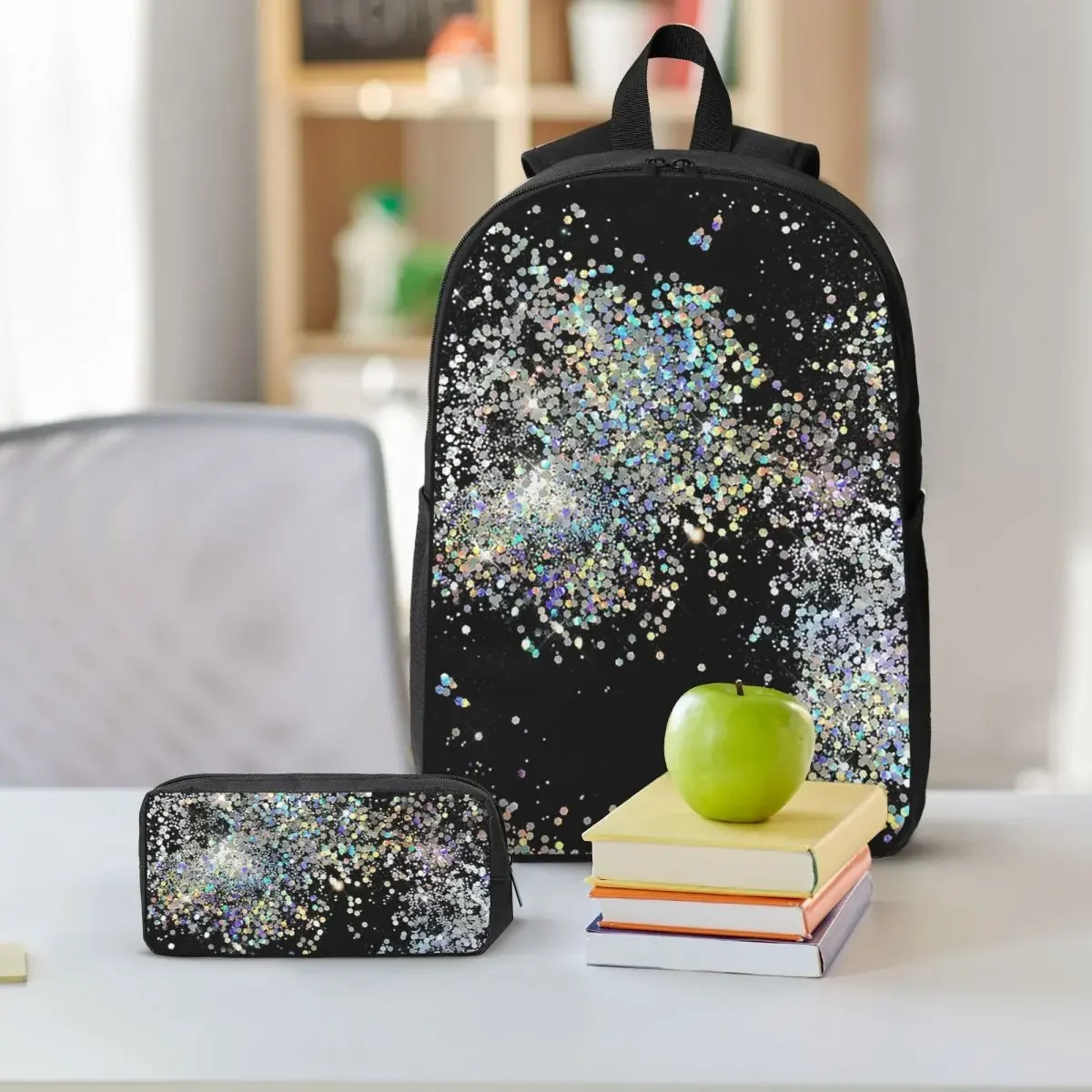 Black And Multicolor Sequins Faux Backpack Student BookBag School Bag Computer Shoulder Bags 3ps Insulated Lunch Bag Pencil Case