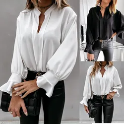 Blusa informal de manga larga para mujer, camisa con volantes de Color liso, Tops elegantes con cuello en V para oficina, Otoño e Invierno