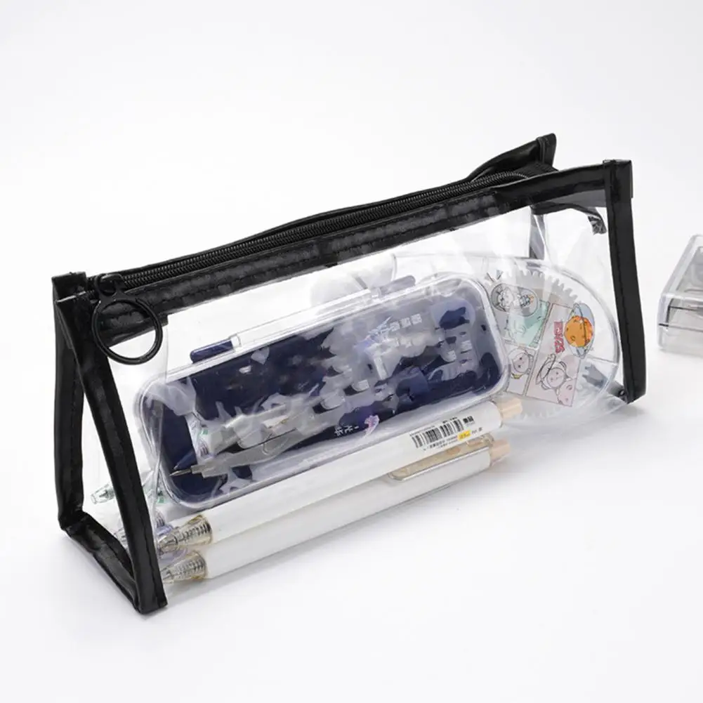 Bolsa de lápis de cor sólida, transparente, com zíper, à prova d'água, armazenamento de maquiagem, estudantes, papelaria para escola