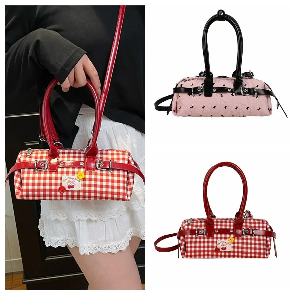 

Portable Bow Grid Shoulder Bag PU Leather Seersucker Women Underarm Bag Korean Style Y2k Bowling Bag Ladies
