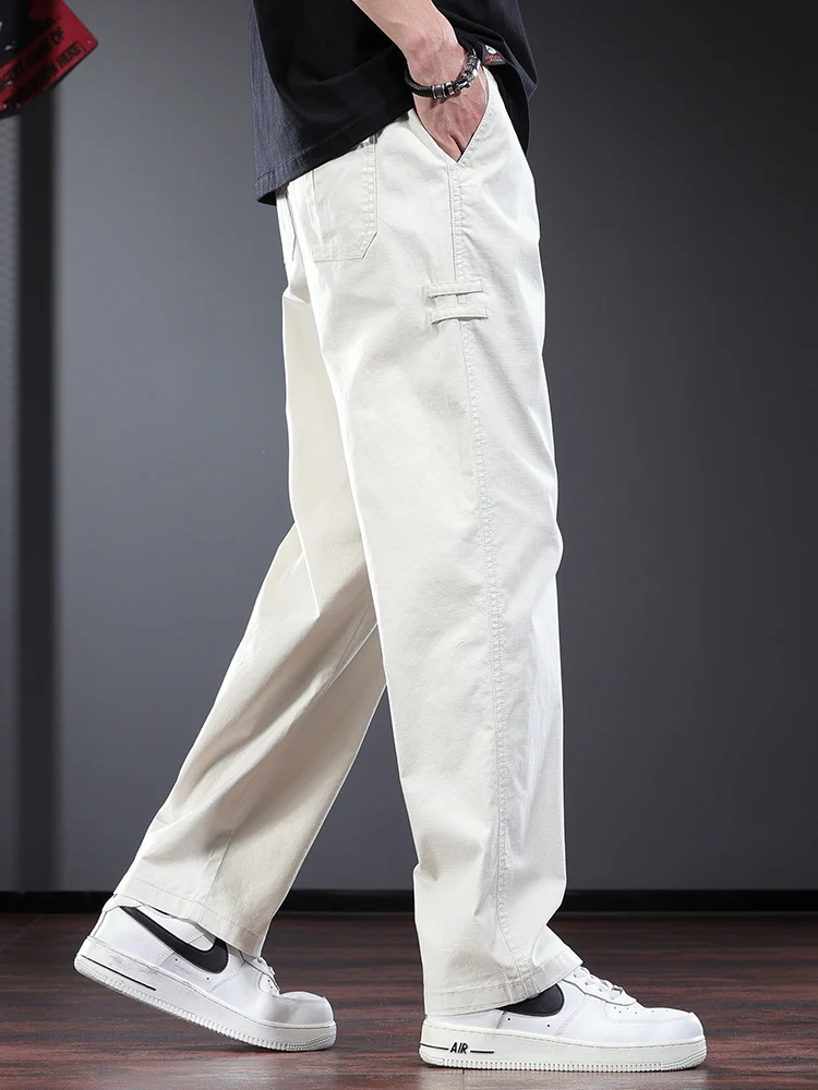 

Бежевые повседневные брюки для мужчин, весна-лето, новые, свободные, прямые, однотонные, простые, высококачественные, модные, городские, стильные, длинные брюки.