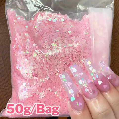 50g/Bag Pink Mermaid Heart Glitter Sequins Nail Art Decoration Sweet Love Heart Paillette Manicure Accessori DIY Valentine's Day