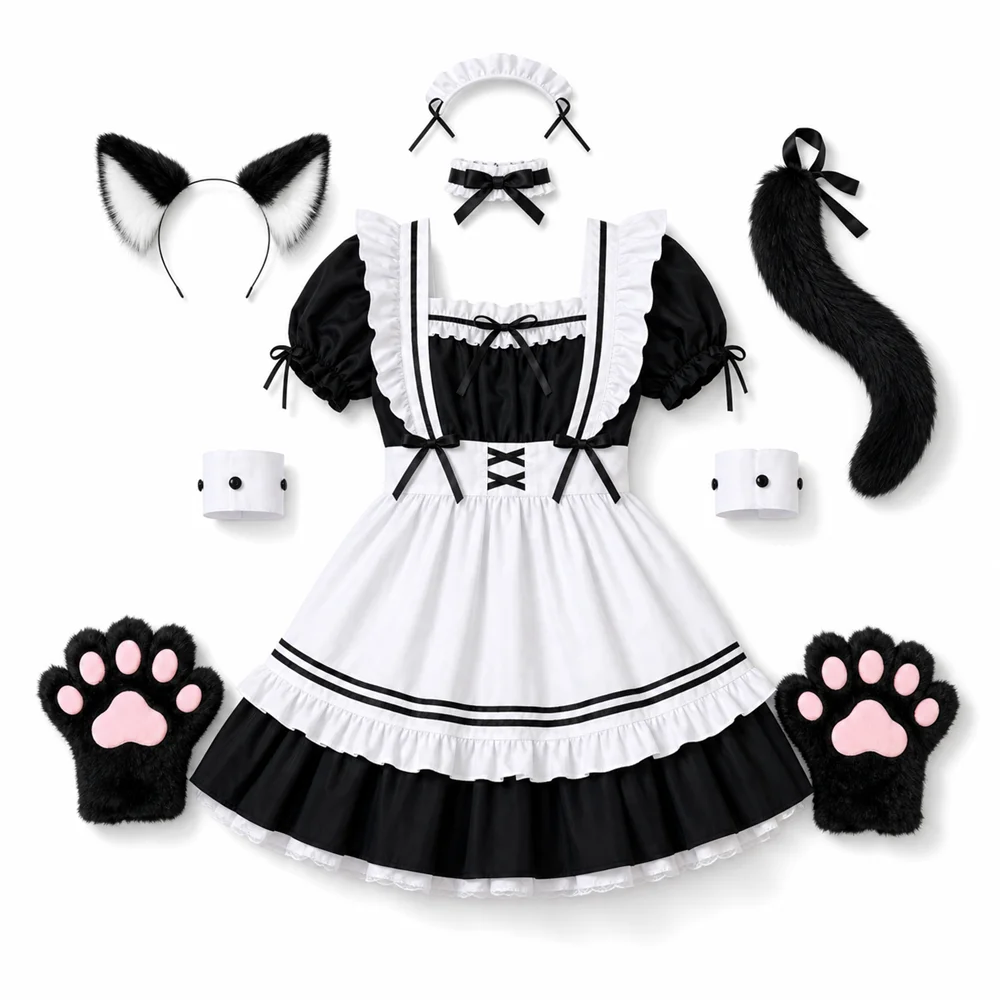 

Gothic Lolita Maid Dress Set Women Anime Cosplay Costume Black White Fox Ears Tail Gloves Halloween Fancy Outfit Party