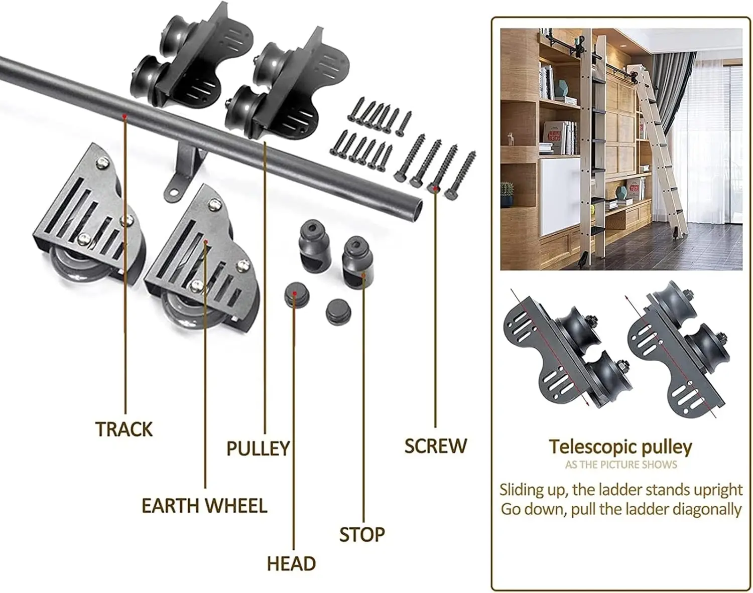 Sliding Barn Door Hardware Kit 3.3Ft-20Ft, Black Steel Round Mobile Ladder Rail Rolling Library Hardware With Floor Roller