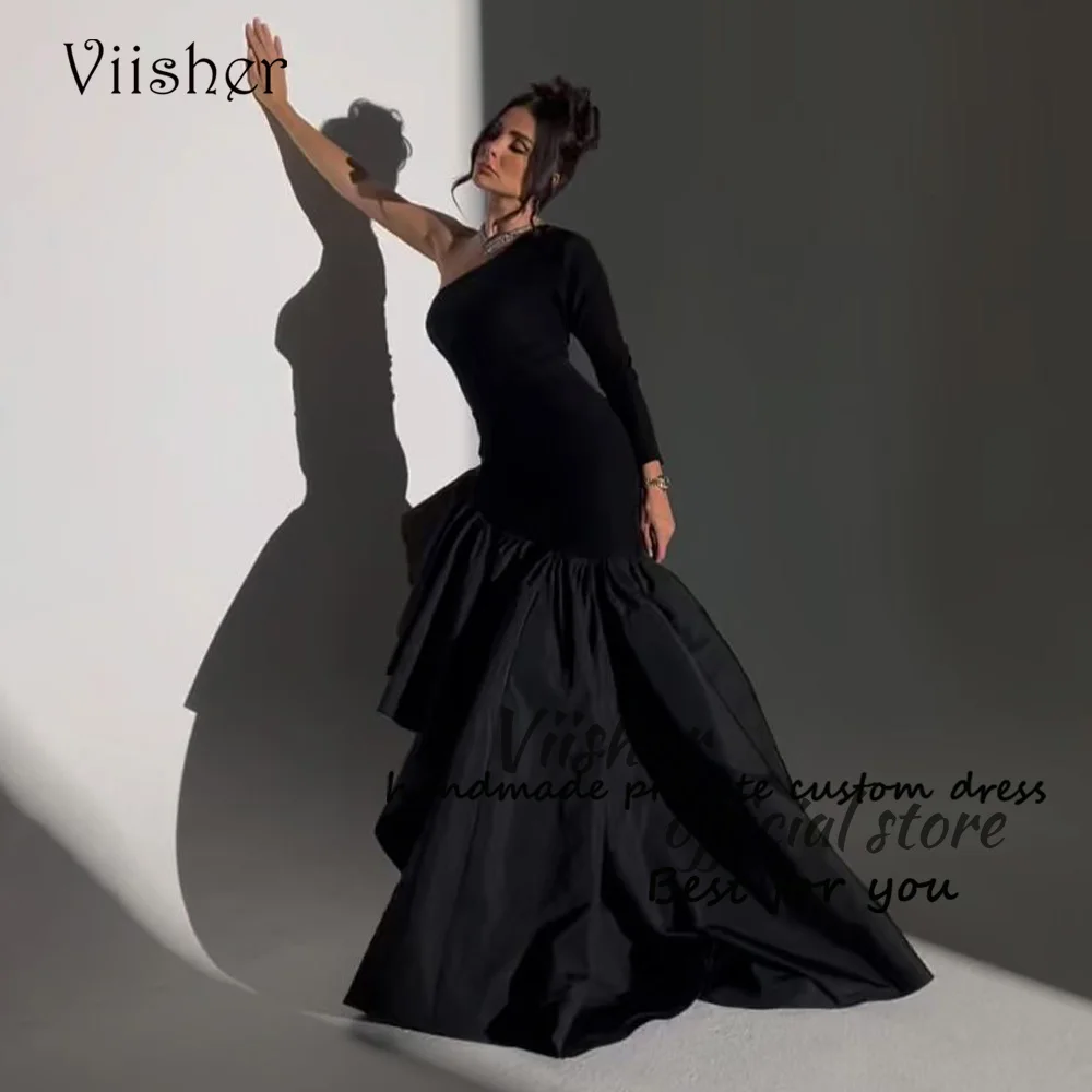 

Viisher Black One Shoulder Mermaid Evening Dresses for Women Pleats Satin Long Formal Prom Dress Dubai Arabic Evening Party Gown