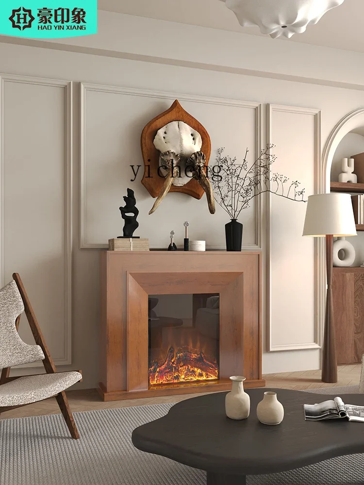 

ZZ Retro Black Solid Wood Electronic Simulation Flame Decorative TV Cabinet Wall Decoration Fireplace