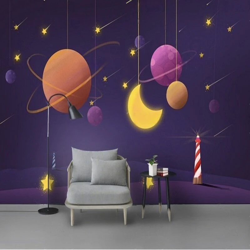 

Hand-painted space planets the moon stars dreamy children's room TV luxurious home decoration bedroom background wall