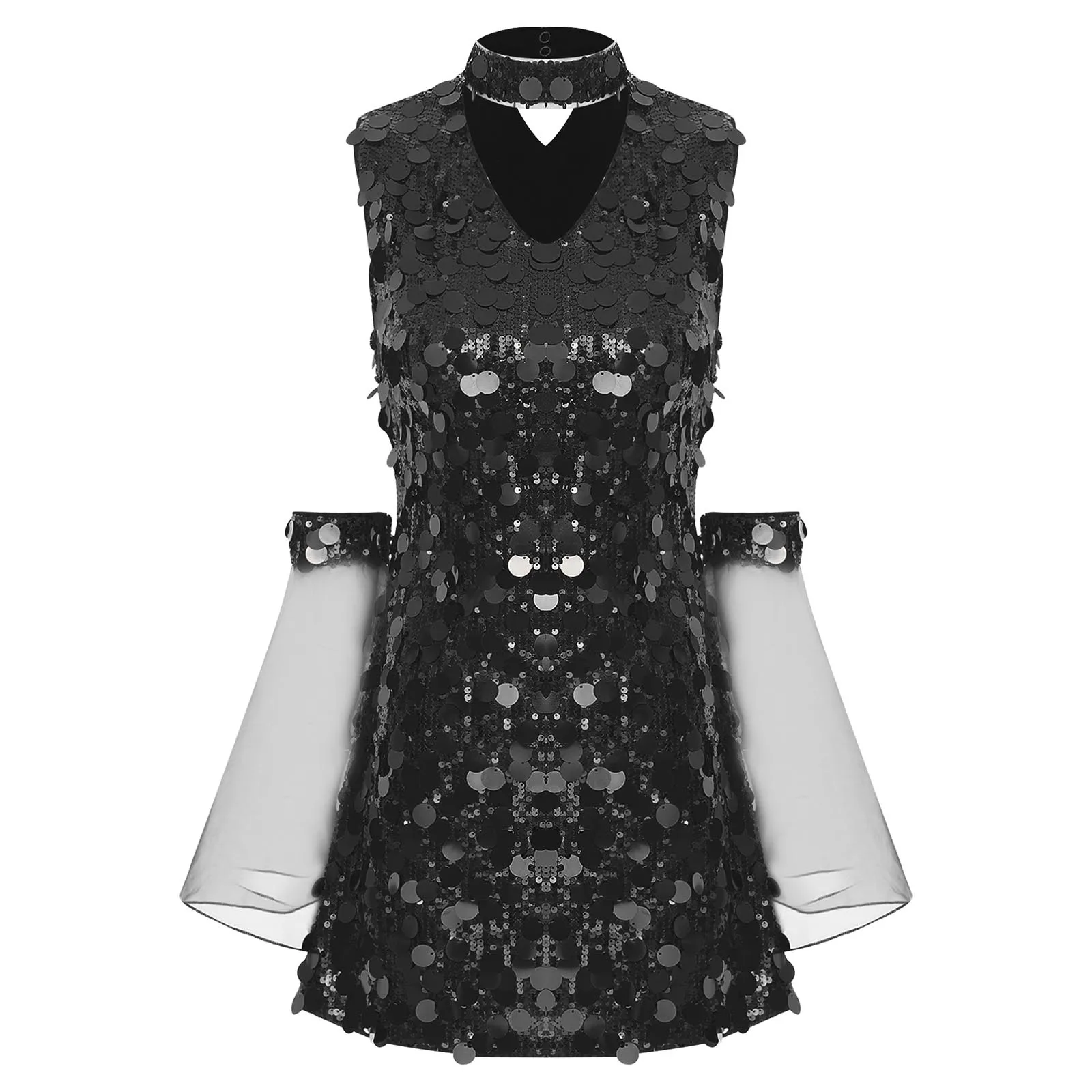 

Women Fashion Sequins Dress 70s Disco Party Club Dance Dress Sleeveless Hollow Out Mini Dress with Flare Sleeve High Look Dress