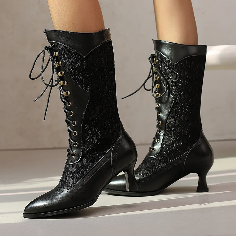 Black White Brown Mid-calf Boots Women Winter Autumn Shoes Low Heels Elegant Lace-up Women's Long Shoes Large Size 45 47