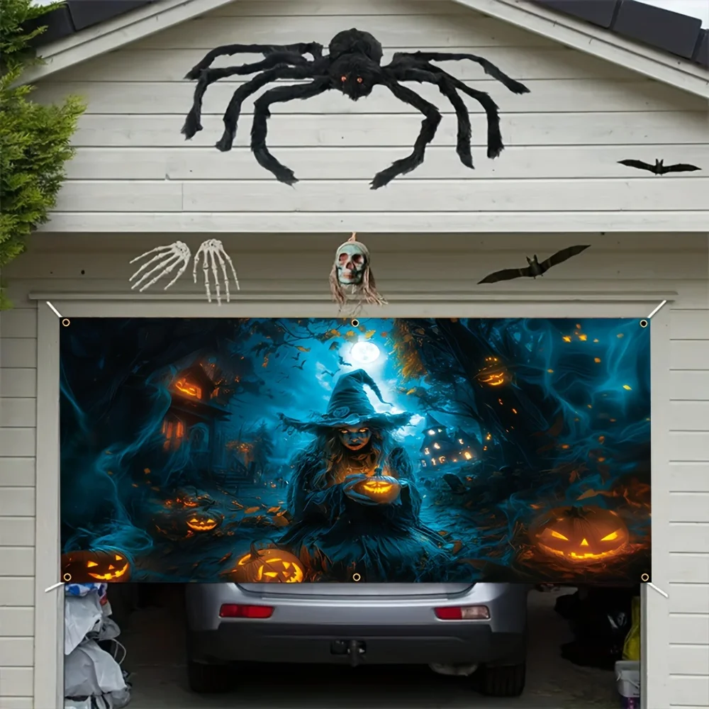لافتة جراج الهالوين - بوليستر، تصميم فانوس اليقطين لقلعة الساحرة المخيفة، ديكور حفلات الهالوين الليلية