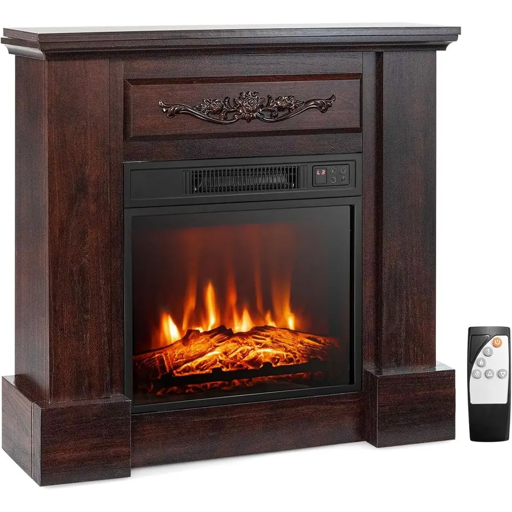 Electric Fireplace with Mantel, Package Wooden Fireplace Surround, Freestanding 18 Insert Heater with 3 Flame Effects, Remote &