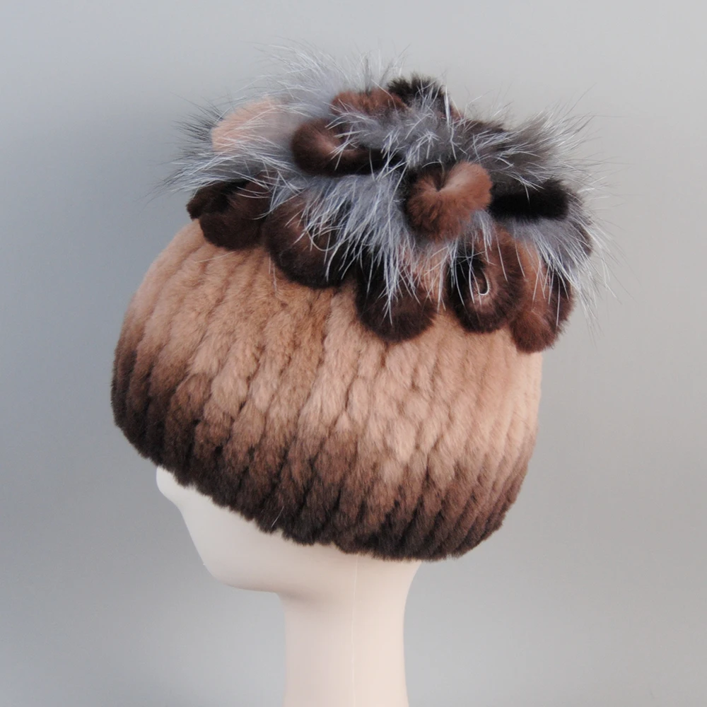 Natuurlijke Bont Hoeden Voor Vrouwen Winter Real Rex Konijn Hoed Vossenbont Breien Vrouwelijke Warme Sneeuw Caps Dames Elegante Prinses Mutsen Cap