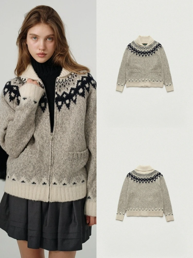 

Винтажный вязаный свитер на молнии, женский свободный кардиган с цветочной вышивкой и отложным воротником, длинная верхняя одежда све