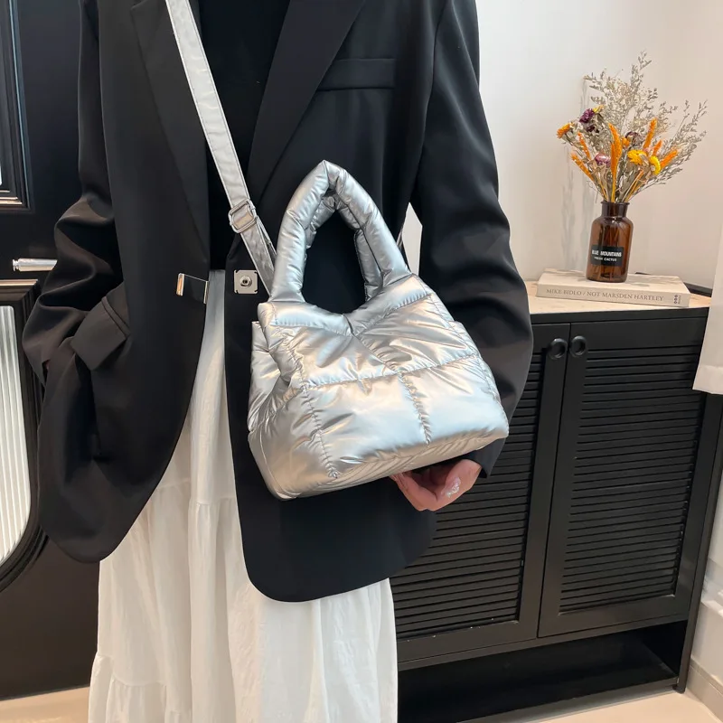 Winter Down Tote Bag for Women Puffer Handbag Trendy Chic Puffy Top Handle Bag Quilted Padded Shoulder  Designer Shopper Bag
