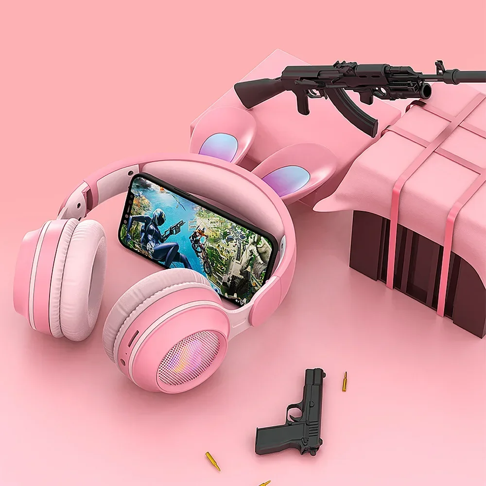 กระต่ายหูหูฟังบลูทูธชุดหูฟังกระพริบสเตอริโอไร้สายพร้อมไมโครโฟนหูฟังเด็กของขวัญ