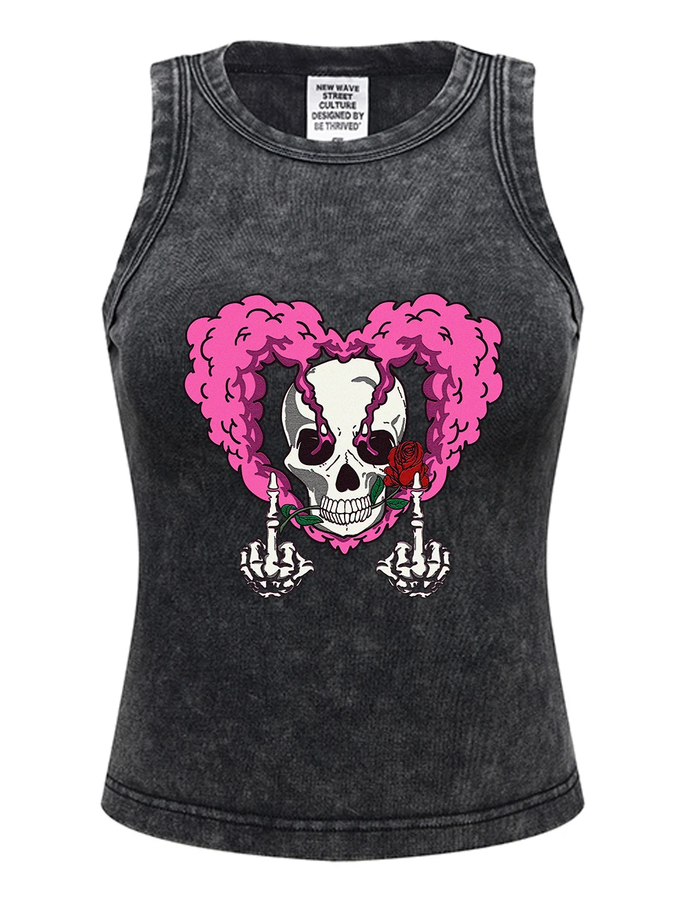 

Pink Heart Skull Design Prints Sleeveless Summer Womens Cotton Washed T Shirts Tight Thin Distressed Tees Y2K Sexy Woman Clothes