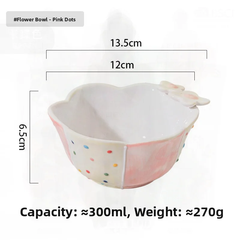 

Милая керамическая миска для девочек, бытовая миска для риса, овсянка, фруктовый салат, подглазурный розовый цветочный дизайн, безопасная для микроволновой печи, неправильной формы