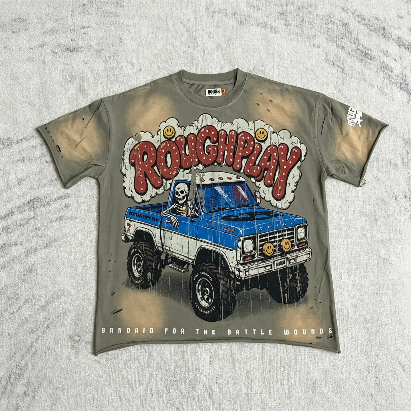 American Street Cartoon Car Letter Print Rhinestone Short Sleeve T-Shirt Washed Loose Unisex Hip Hop Style round Neck Top
