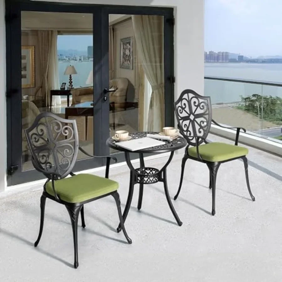 Outdoor 3-Piece Bistro Set with Cushions, Round 24 Inch Cast Aluminum Bistro Table with 2.17