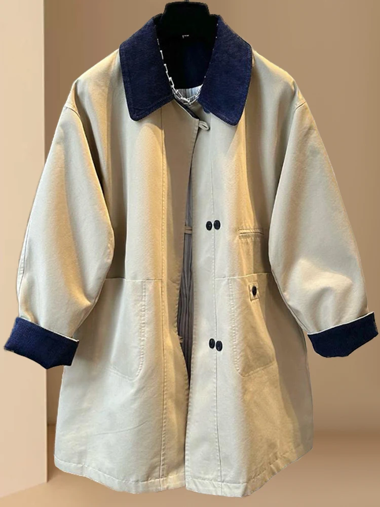 

Casual Oversized Color Blo Collar Mid-Length Women's Coat Spring Autumn Faion Retro Slimming Workwear Sle Jaet