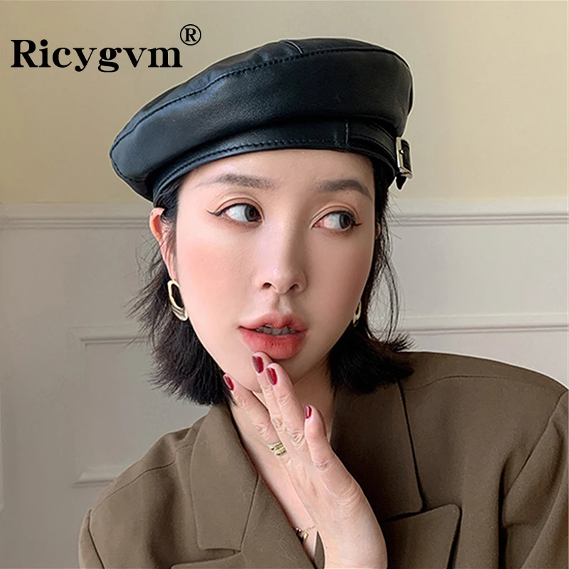 RICYGVM gorra octogonal de cuero Retro para mujer boina hebilla de Metal sombrero de pintor artista gorros de Color sólido capó chica sombreros de vendedor de periódicos